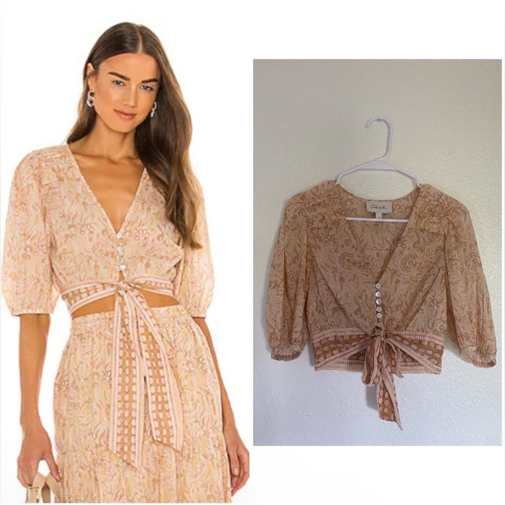 Cleobella Amina Blouse in Magdalena Print Peach Floral Tie-Front cropped Blouse